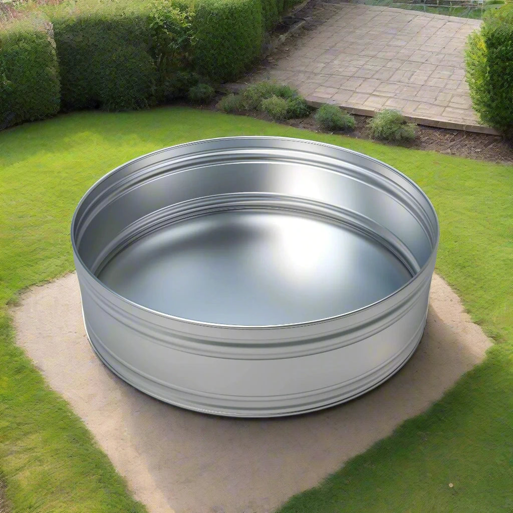 6ft round ice bath steel tank in a garden