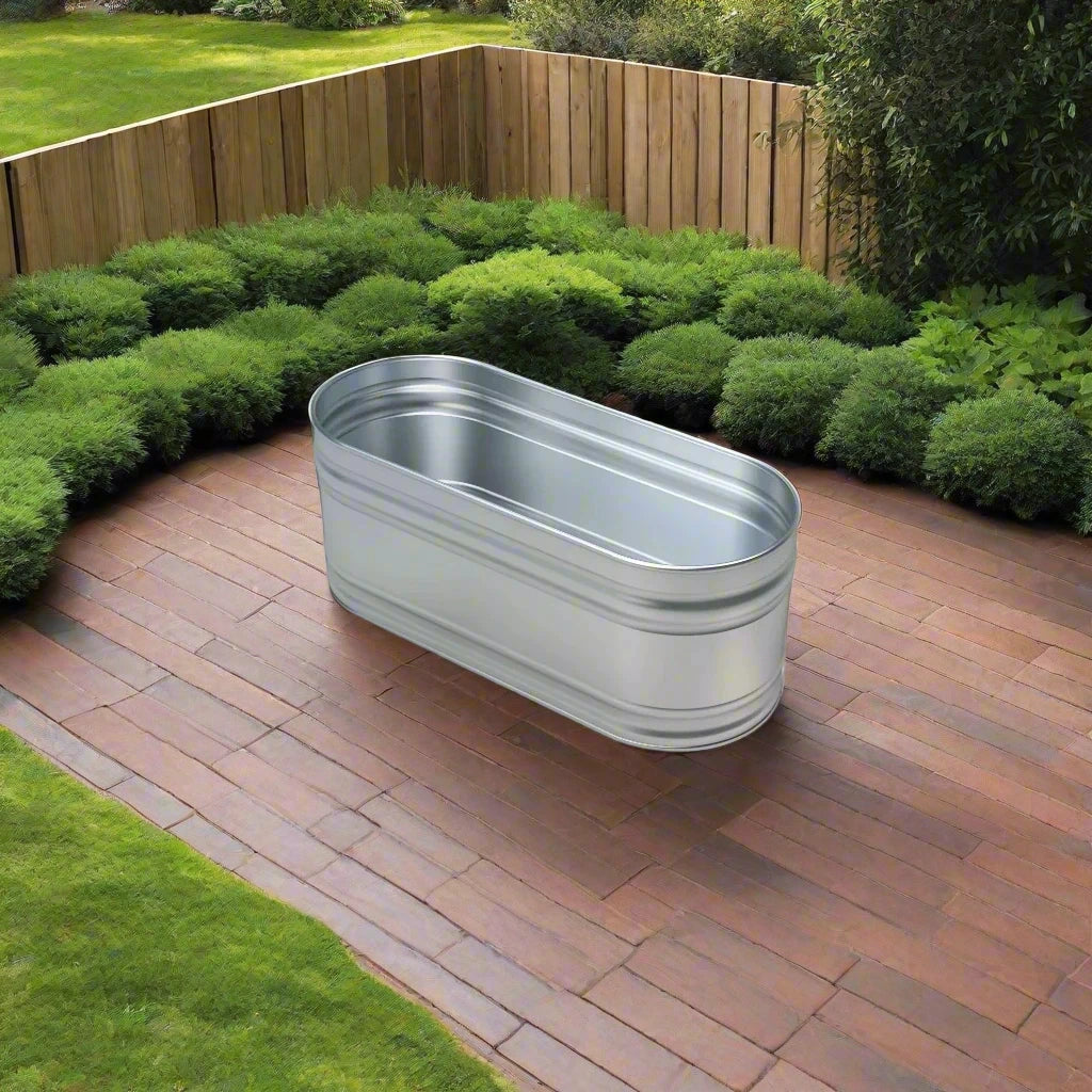 4ft oval stock tank ice bath on a patio