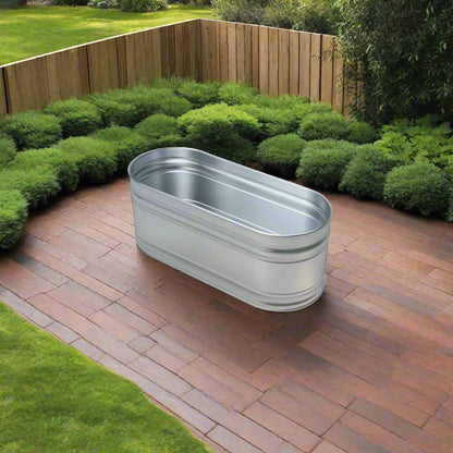 4ft oval stock tank ice bath on a patio