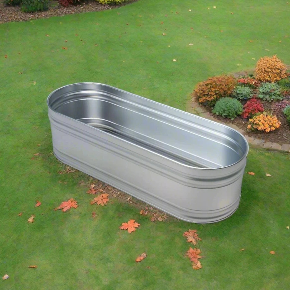5ft oval steel ice bath in garden 